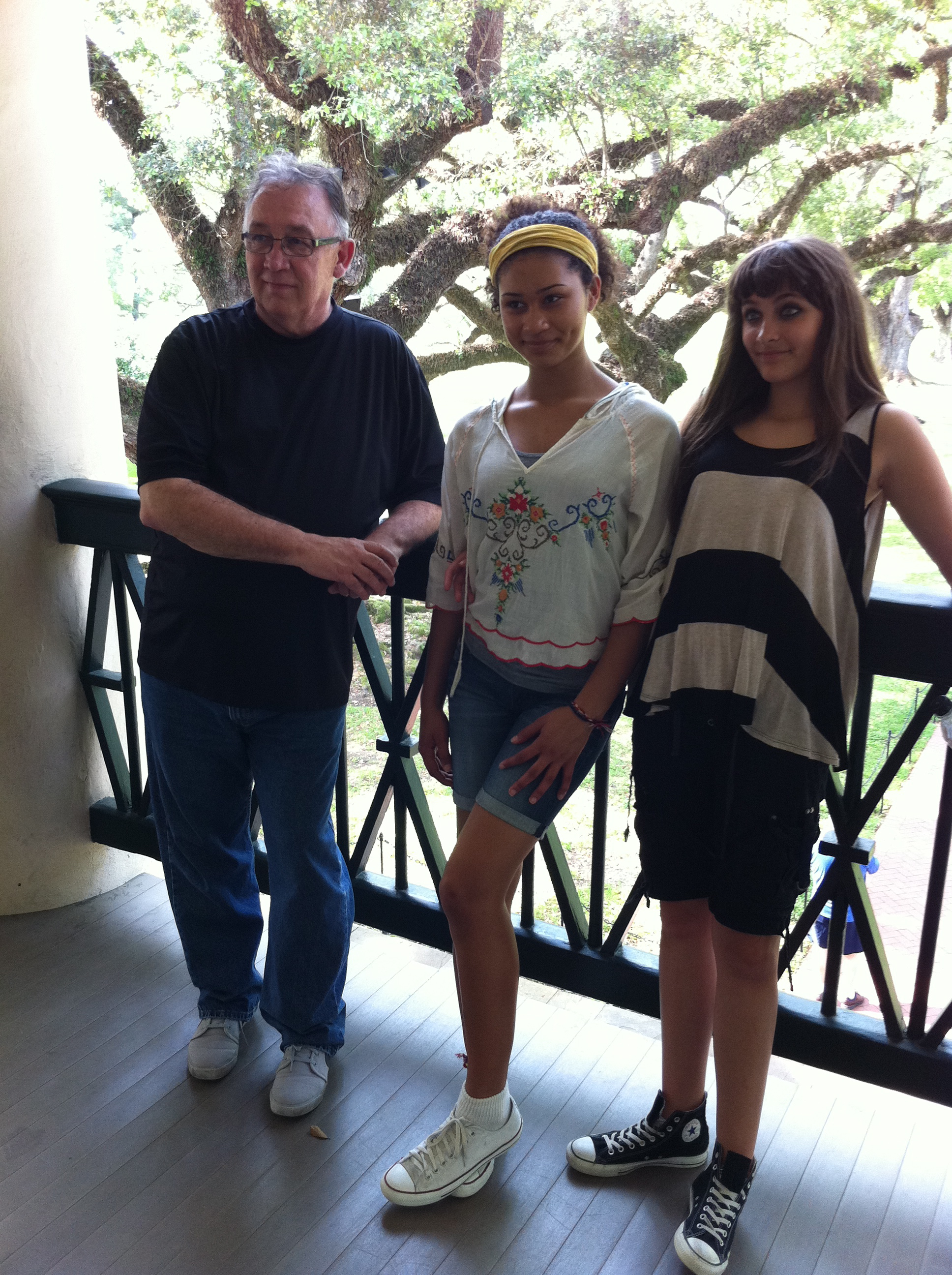Lundon's Bridge location scout Louisiana. PJ, Michaela, Dennis standing on second floor patio of Queen Dalina's Mansion