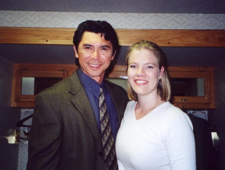 Martha with Lou Diamond Phillips (at basecamp) while visiting the set of MALEVOLENT.