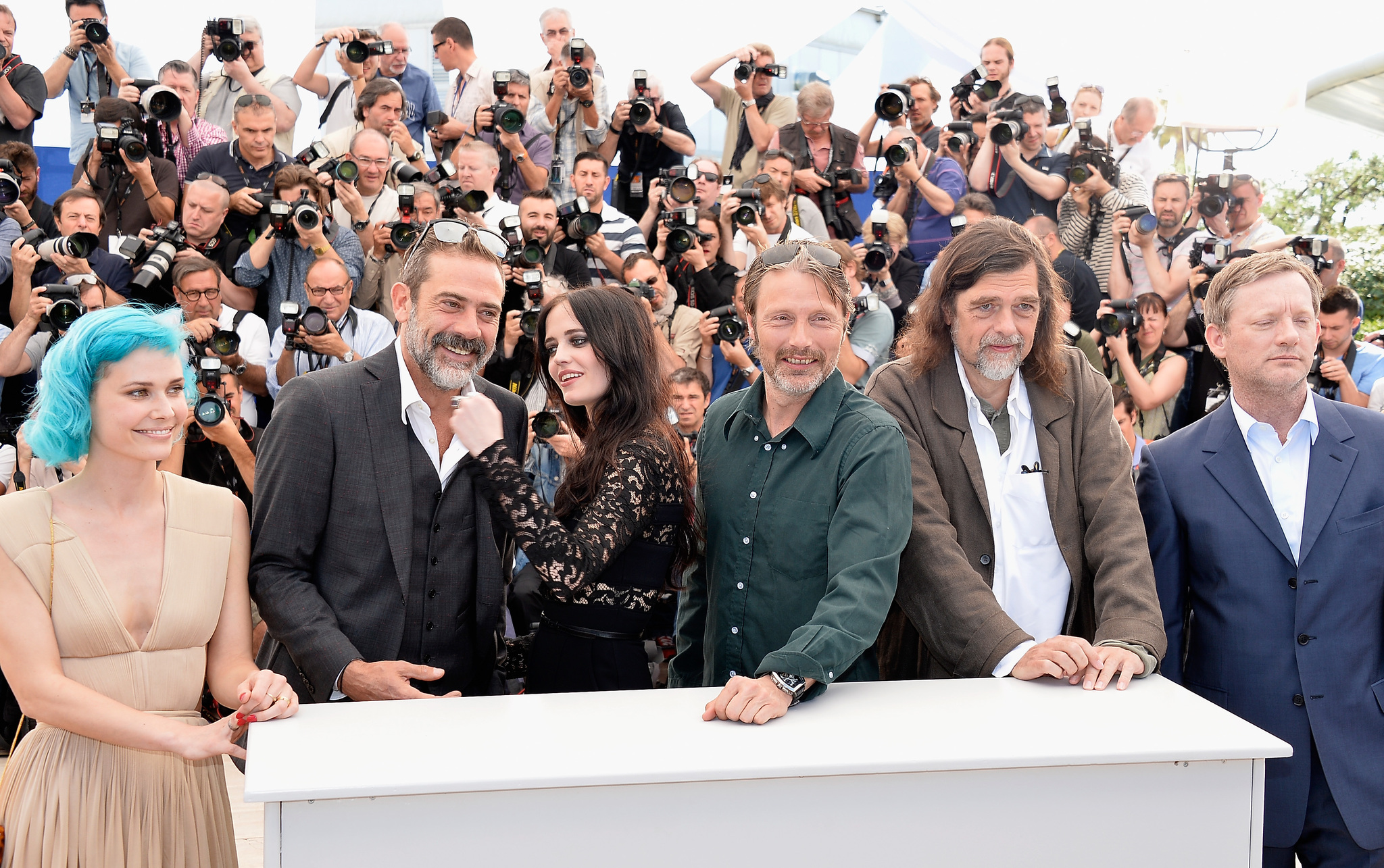 Douglas Henshall, Kristian Levring, Mads Mikkelsen, Jeffrey Dean Morgan, Eva Green and Nanna Øland Fabricius at event of The Salvation (2014)