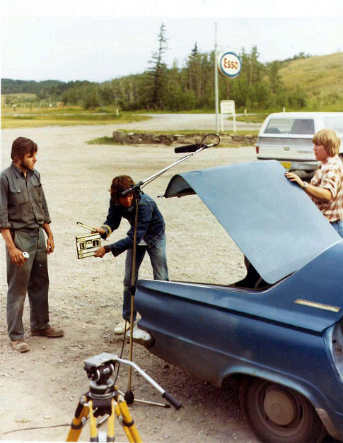Brad Fernie, Donald D. Brown and Gordon Merrick. Filming of end scene: SEQUENCE, August 18, 1979. West of Cochrane, Alberta.