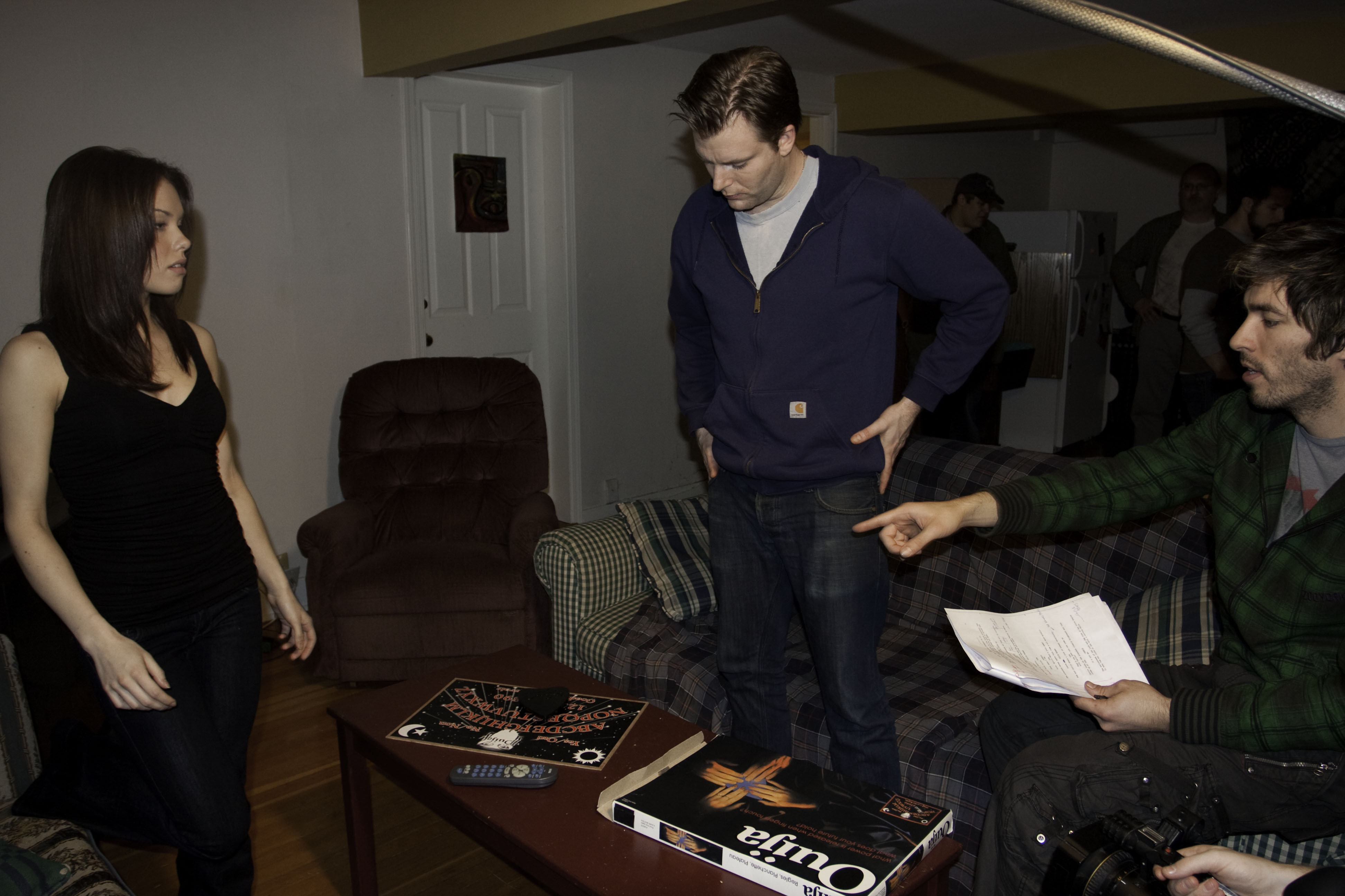 Still of Adam Lolacher, Stephanie Bennett and Drew Scott on the set of In the Dark.