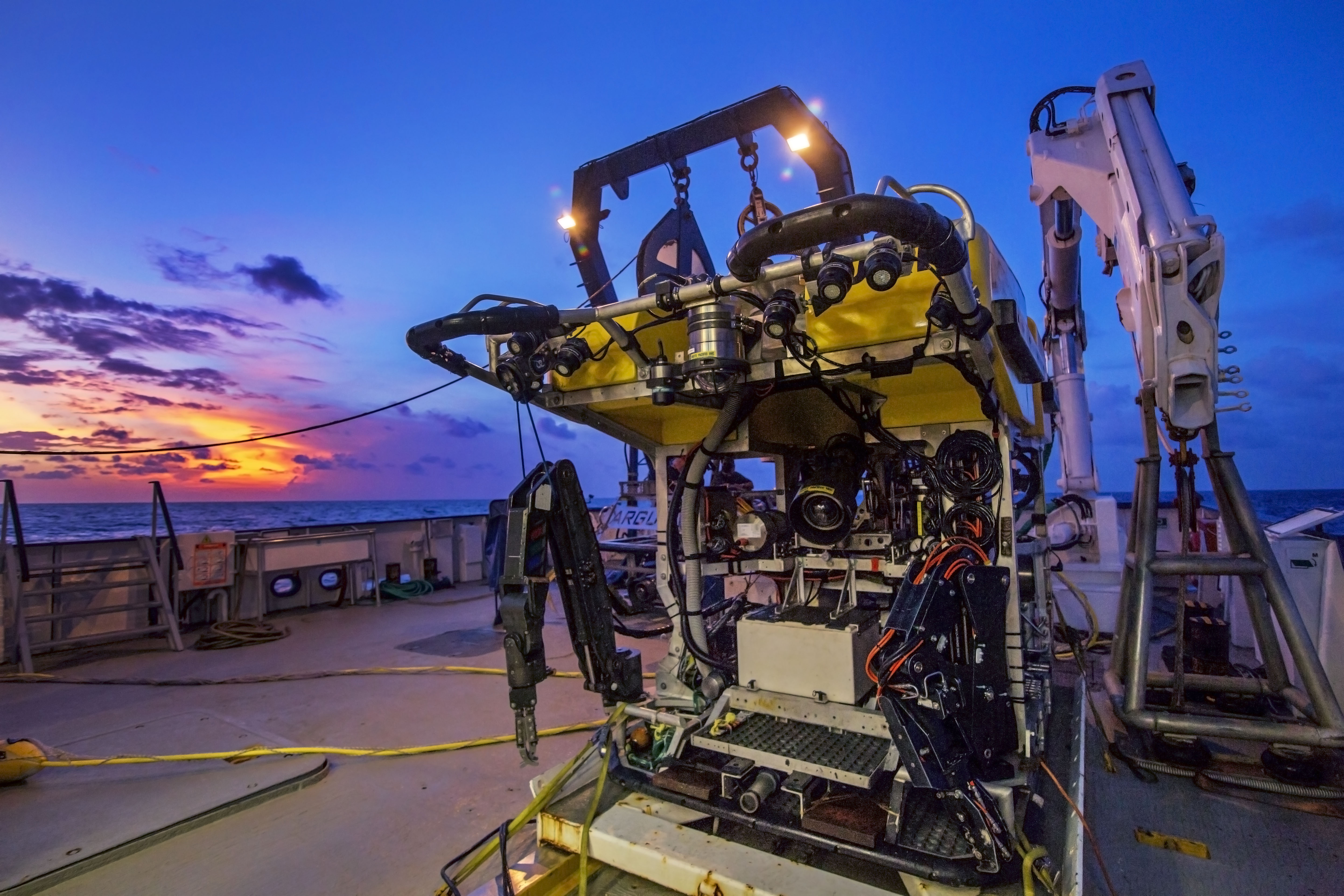 Hercules, the crown jewel of the Exploration Vessel, Nautilus, waits on the back deck for its next dive.