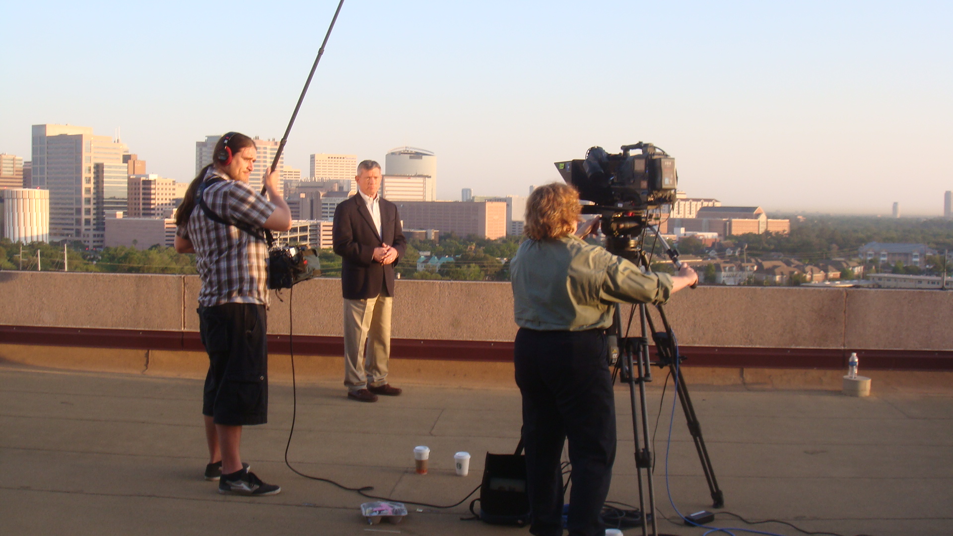 Shooting Stand-Ups for the American Veteran on the top of the VA hospital in the Houston Medical Center.