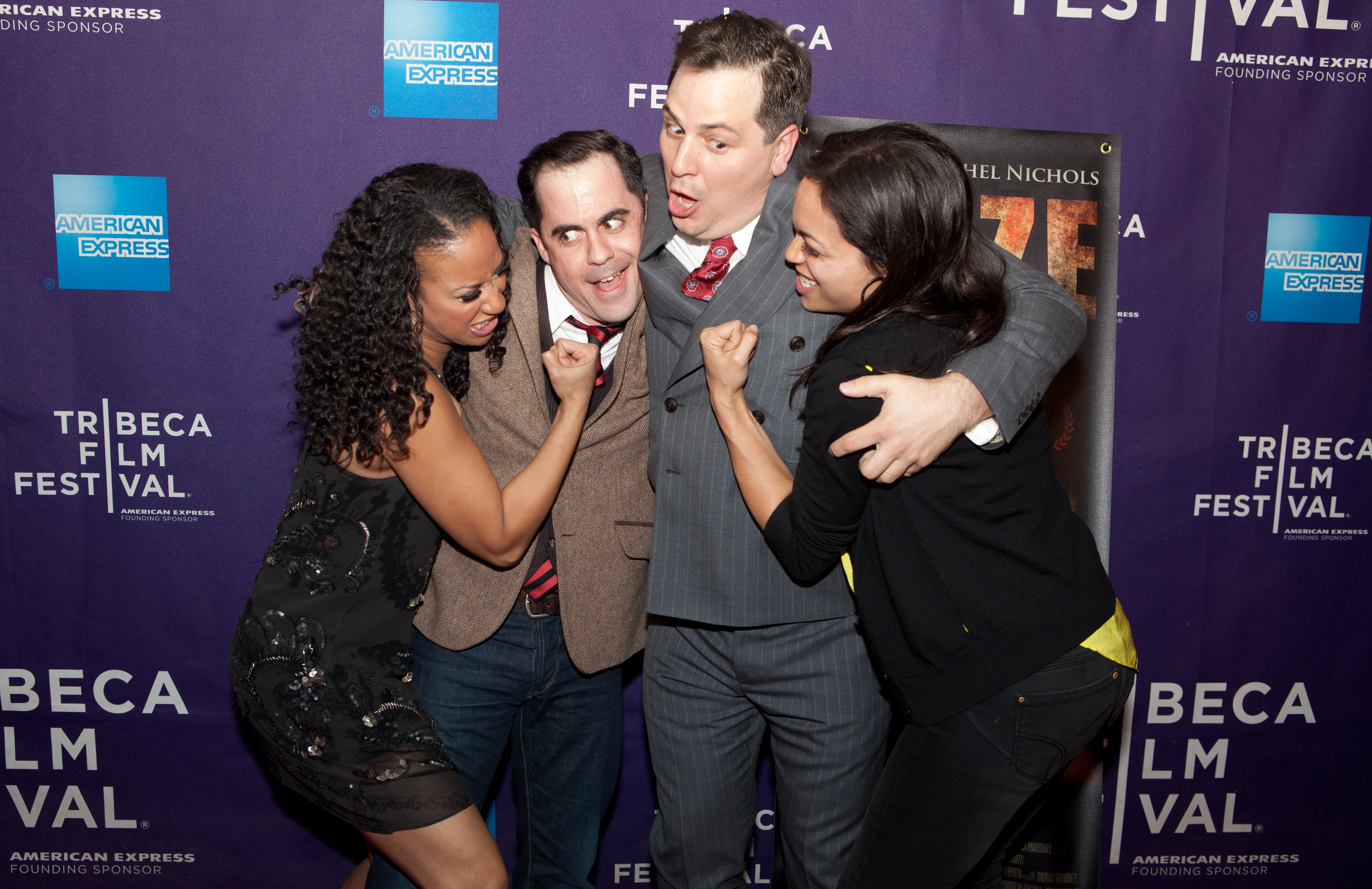 Tracie Thoms and Rosario Dawson photo bomb Schwartzy and Pagana on the red carpet, at the Tribeca Film Festival premiere of RAZE.