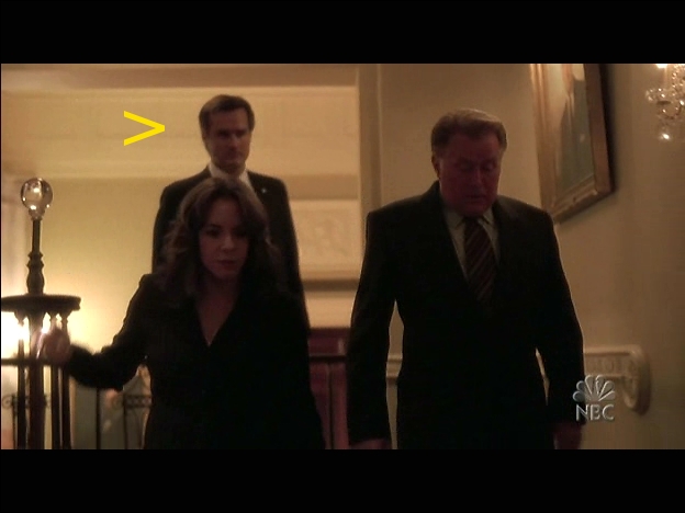 George Fitch Watson in The West Wing final Episode as President Bartlets final White House Secret Service Escort at staircase top S07E22 with Stockard Channing and Martin Sheen