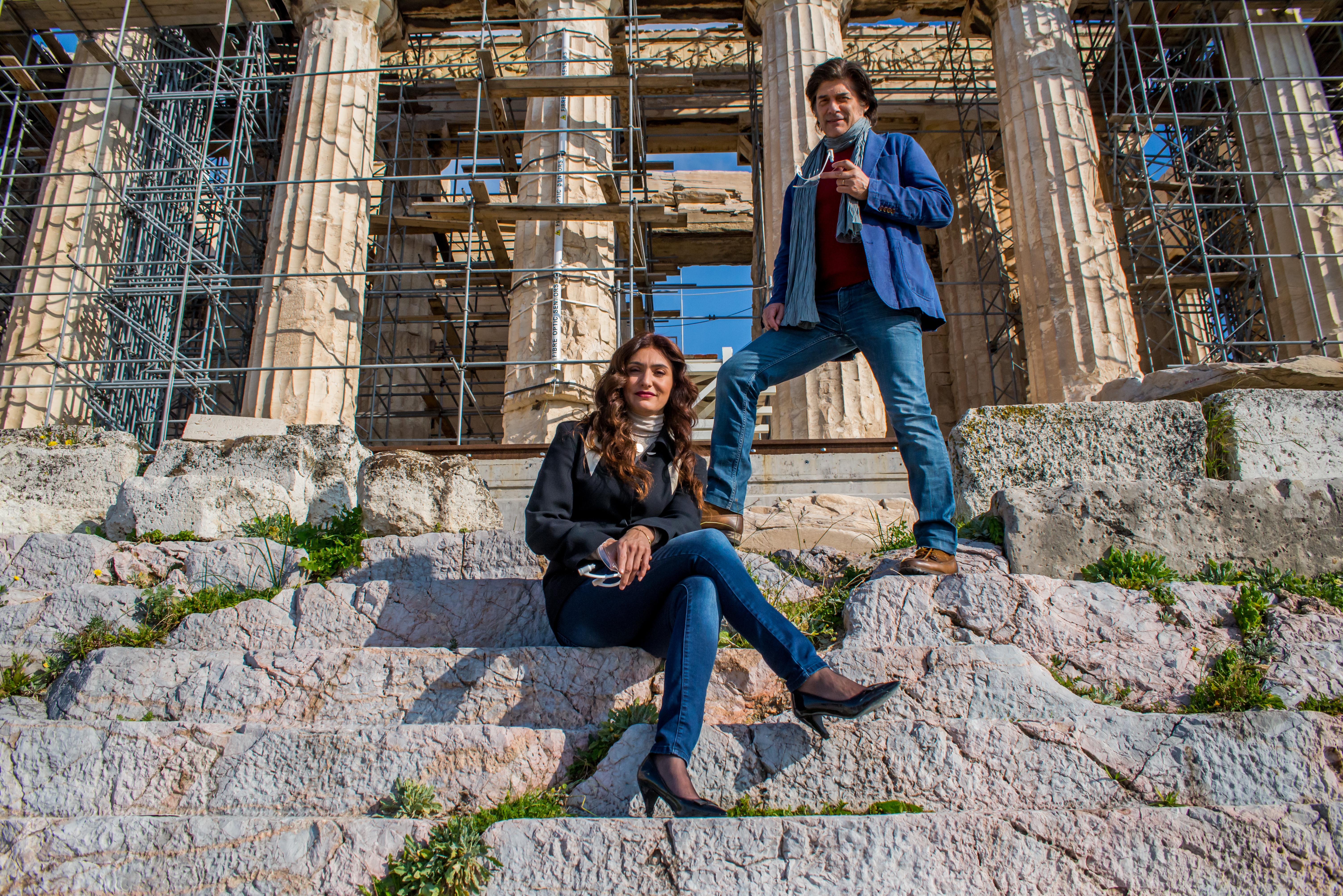 Kassandra Voyagis and Georges Corraface while filming Promakhos on the Acropolis