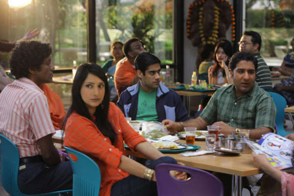 Still of Sacha Dhawan, Rebecca Hazlewood and Parvesh Cheena in Outsourced (2010)