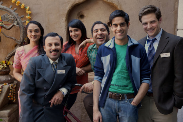 Still of Sacha Dhawan, Rizwan Manji, Parvesh Cheena, Anisha Nagarajan and Ben Rappaport in Outsourced (2010)