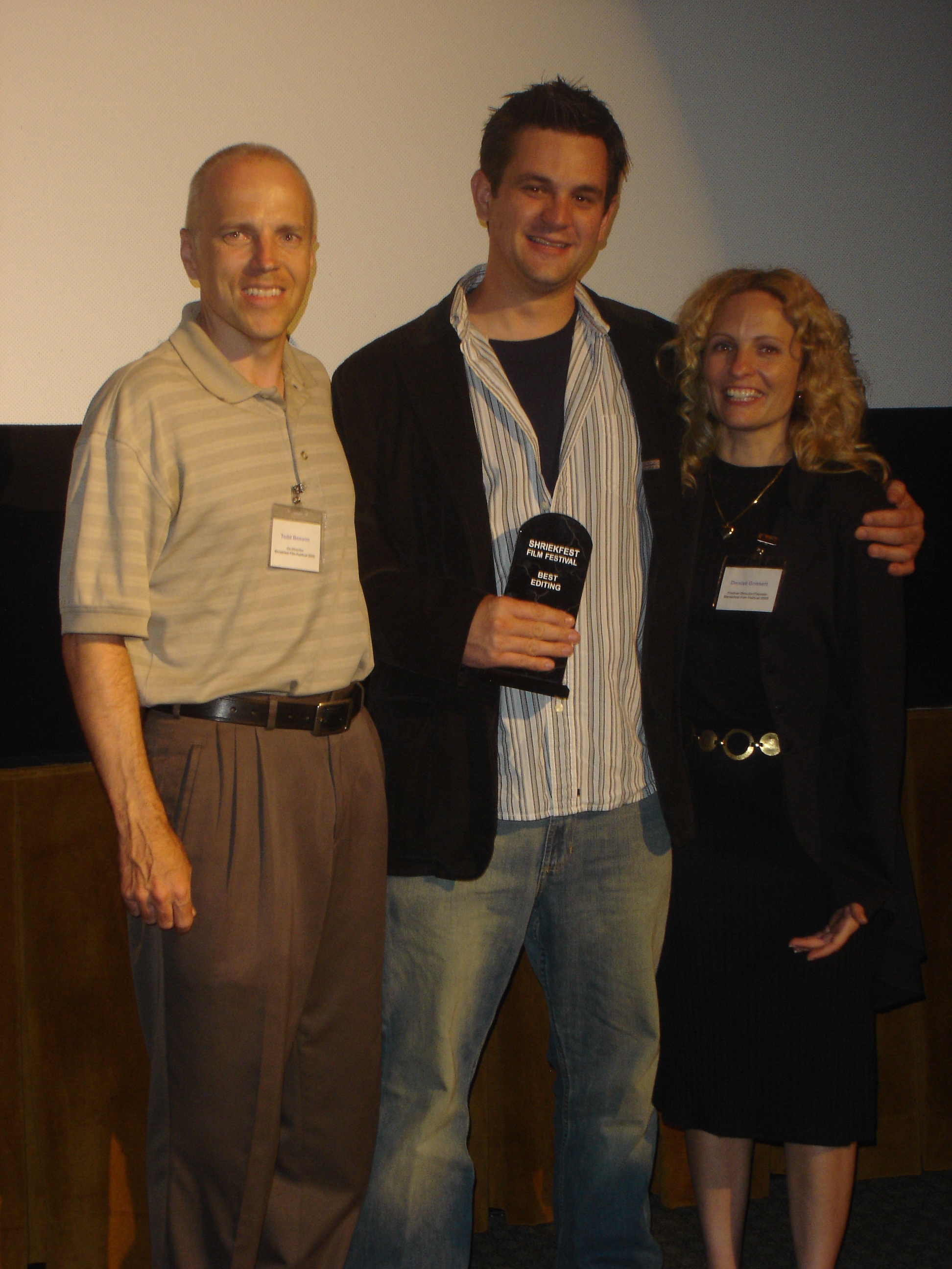 Sean Robert Olson receiving the Best Editing Award at the 2005 Shriekfest Film Festival.