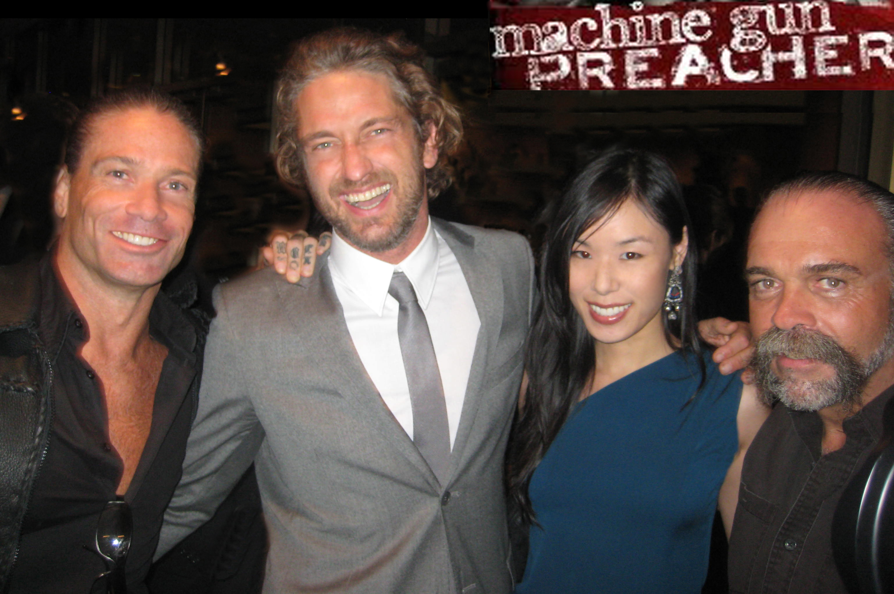 May Wang, Gerard Butler, Sam Childers and Kurt Wimmer at the Premiere of Machine Gun Preacher at the Academy of Motion Picture Arts and Sciences