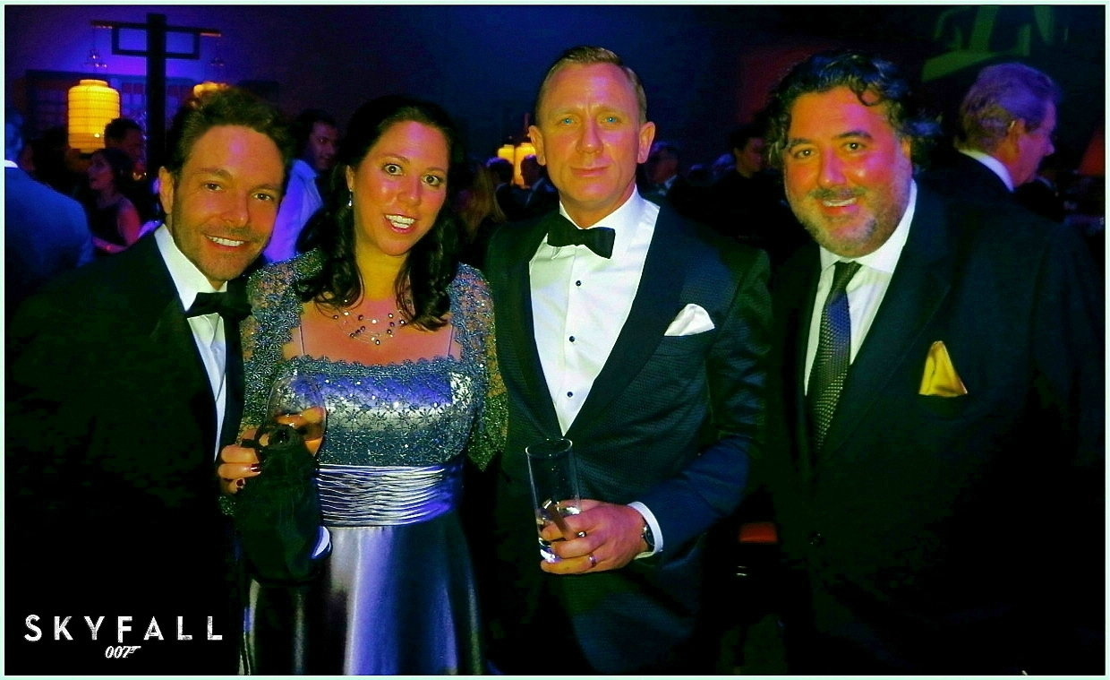 David Giammarco and Daniel Craig, with Hilary Saltzman and Steven Saltzman photographed together for the Royal World Premiere of the 50th Anniversary James Bond film 