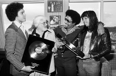 Rick James receiving his first gold album and single with Skip Miller, Barney Ales, Art Stewart, 1978