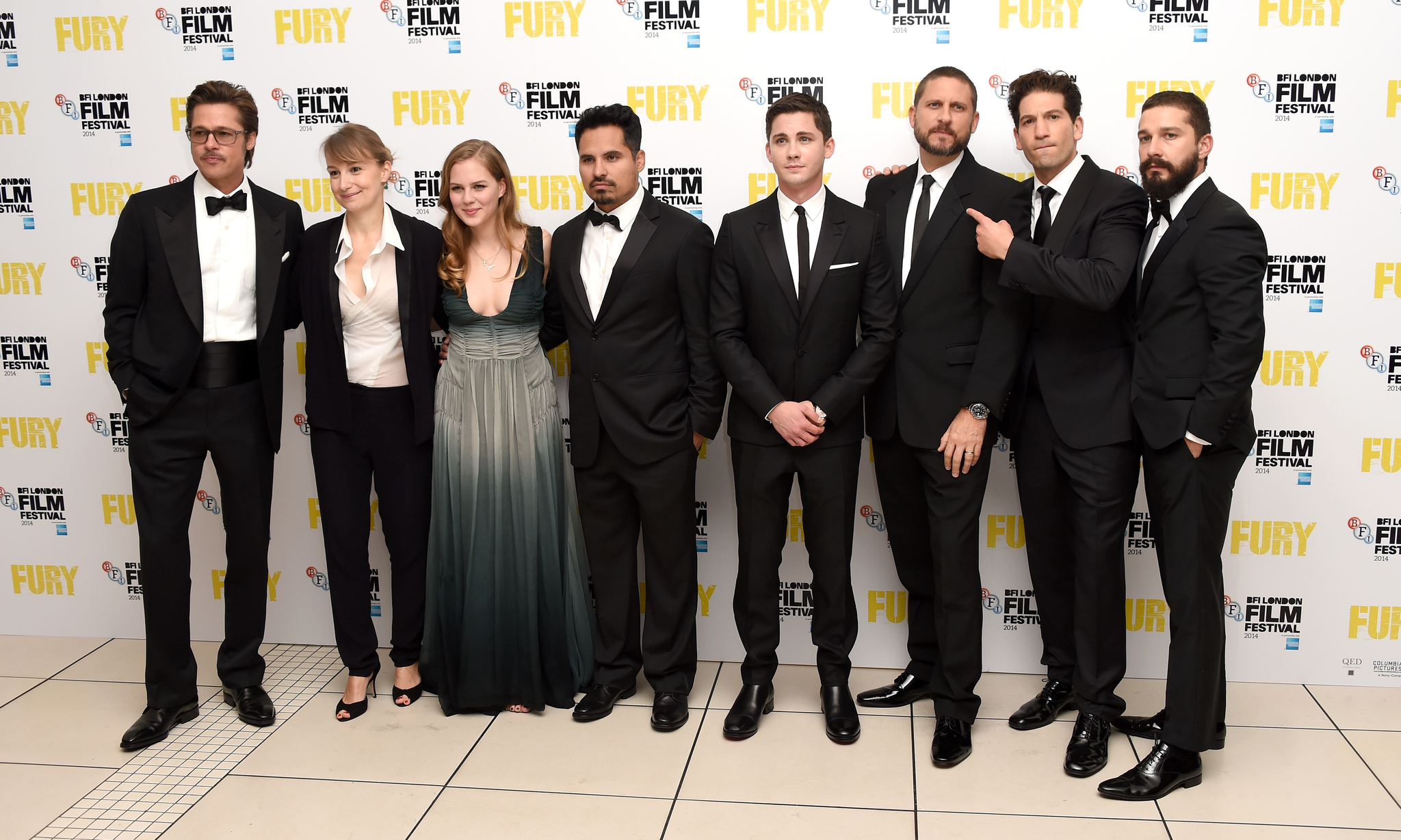 Brad Pitt, David Ayer, Logan Lerman, Jon Bernthal, Anamaria Marinca and Alicia von Rittberg at event of Inirsis (2014)