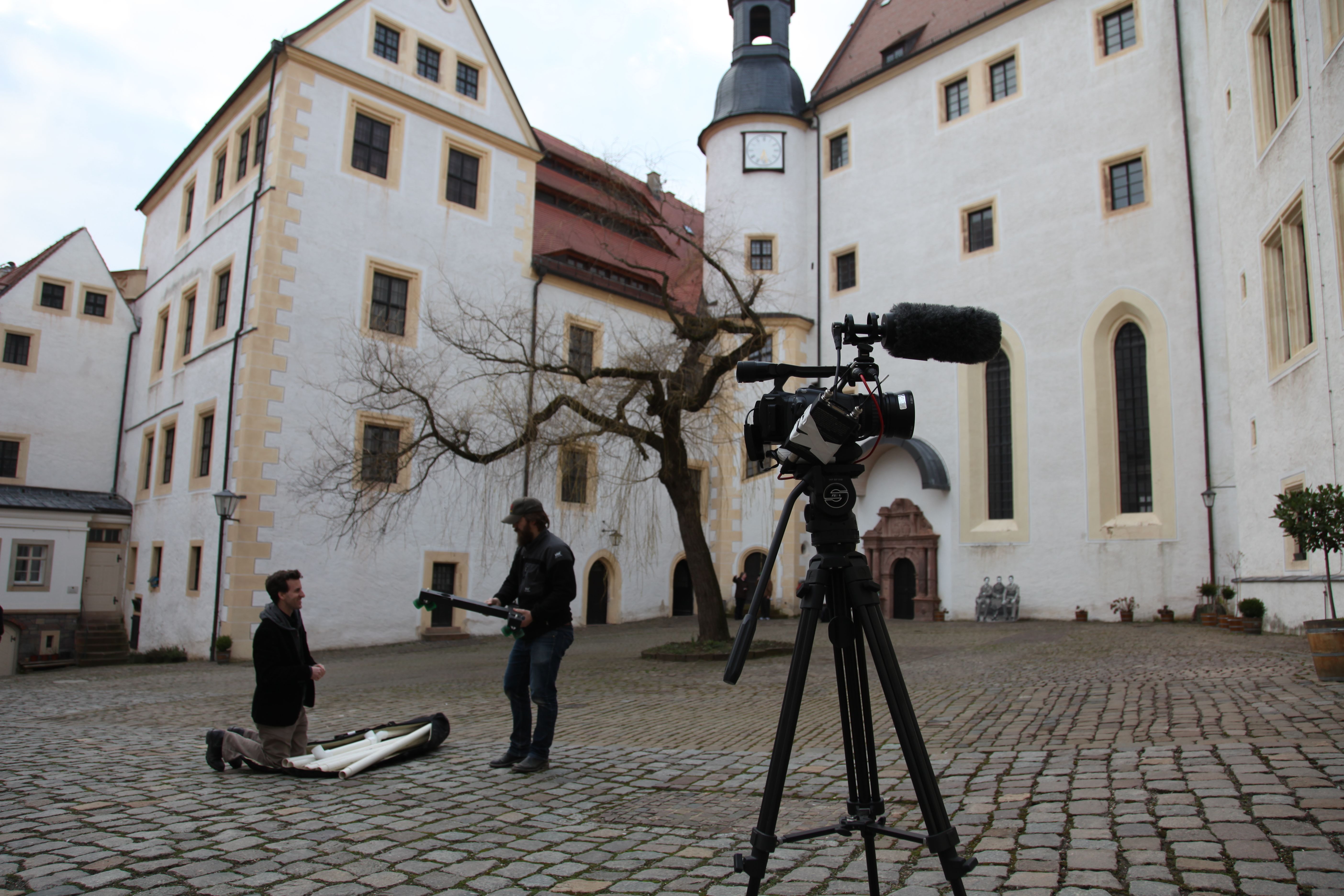 With cinematographer Jeremy Mack at Colditz Castle in Germany while shooting the documentary 