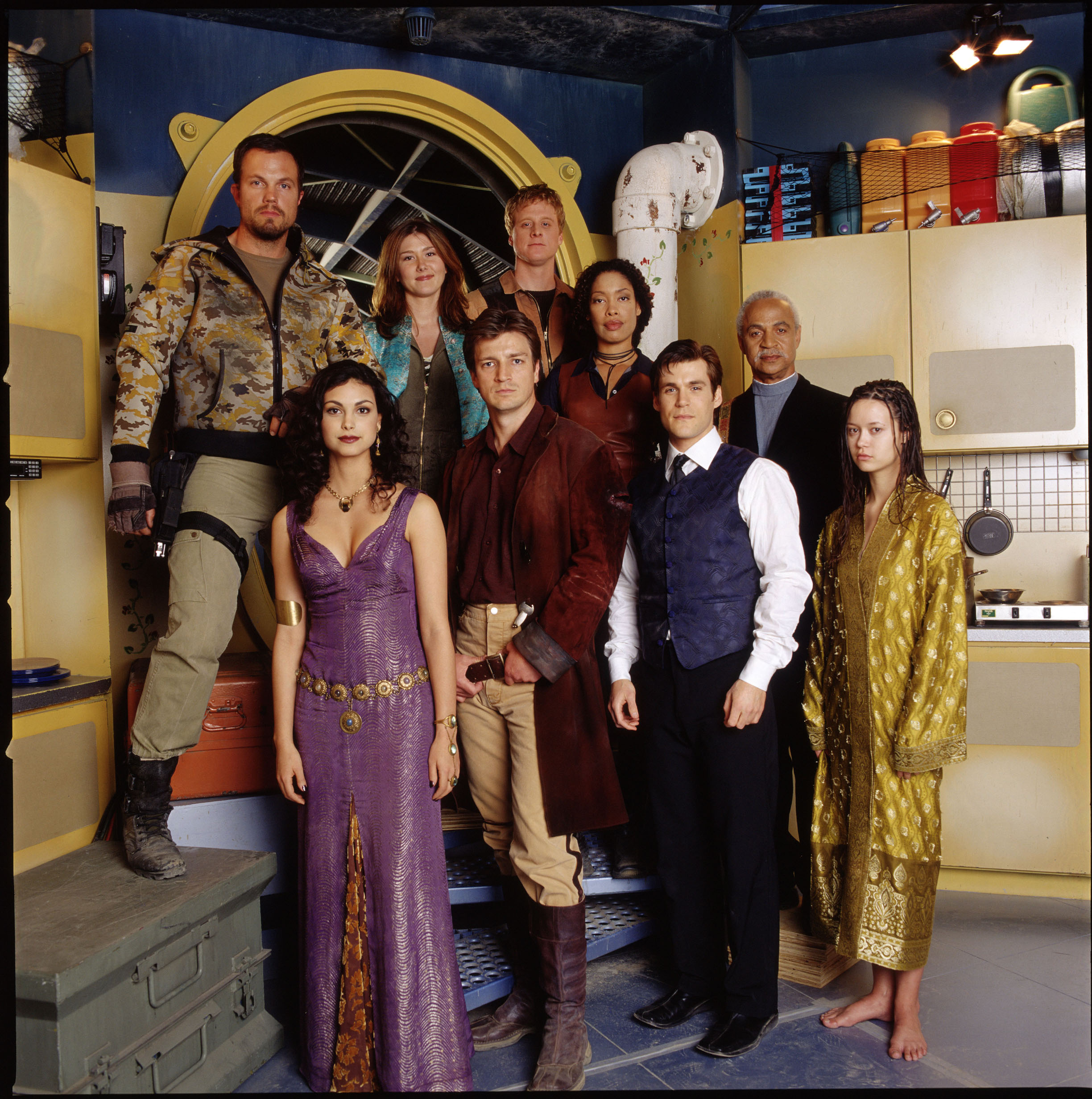 Still of Adam Baldwin, Nathan Fillion, Ron Glass, Sean Maher, Jewel Staite, Gina Torres, Alan Tudyk, Morena Baccarin and Summer Glau in Firefly (2002)