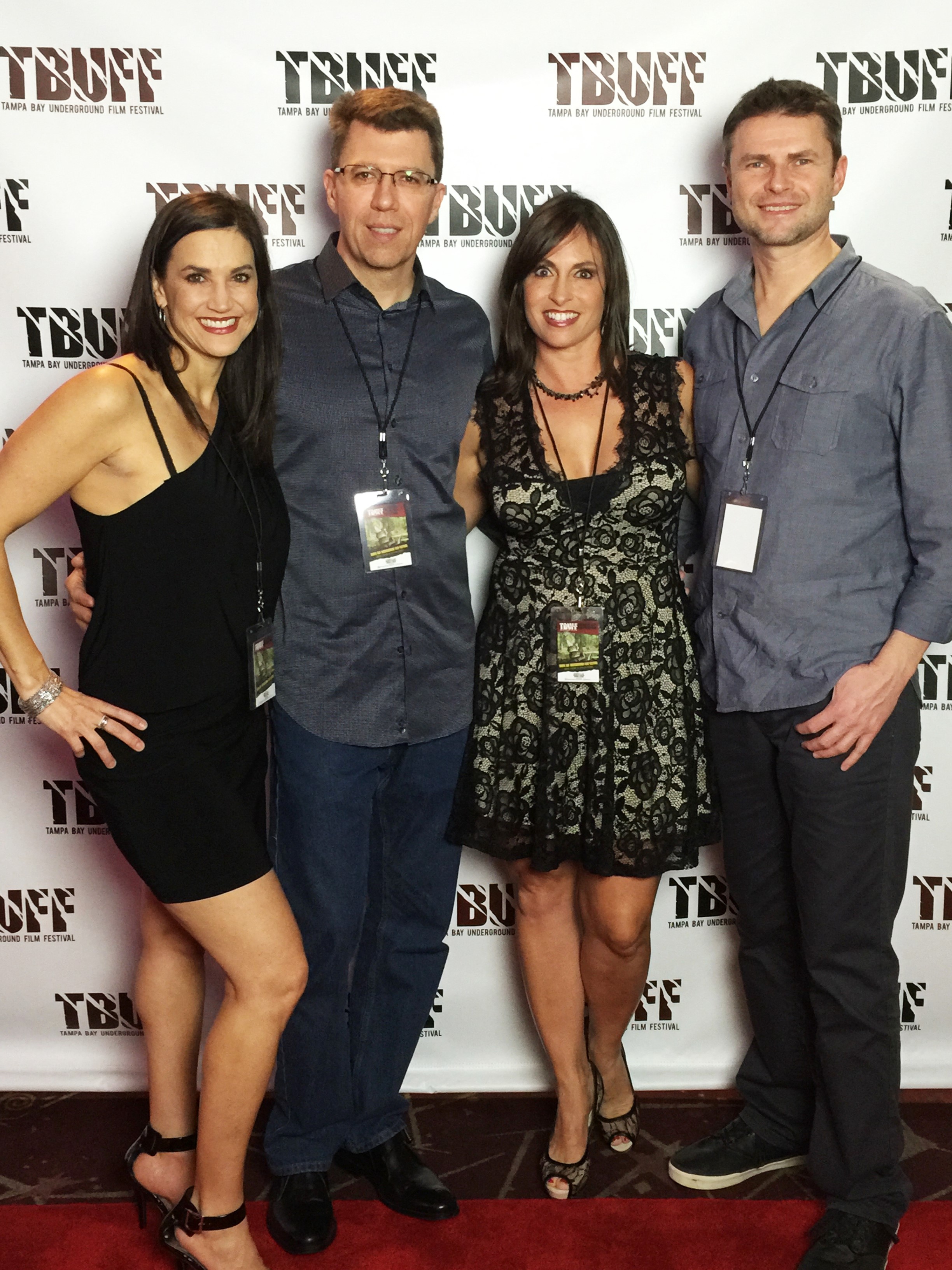 Wade Ballance and Mark Kochanowicz with Tampa Bay Underground Film Festival (TBUFF) organizers (Kelly & Chris) for the screening of Assumption of Risk (2014).