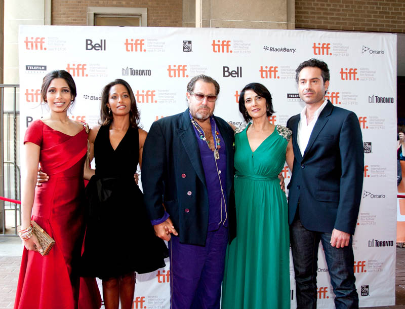 Freida Pinto, Rula Jebreal, Julian Schnabel, Hiam Abbass and Omar Metwally at the premiere of MIRAL, Toronto Film Festival.