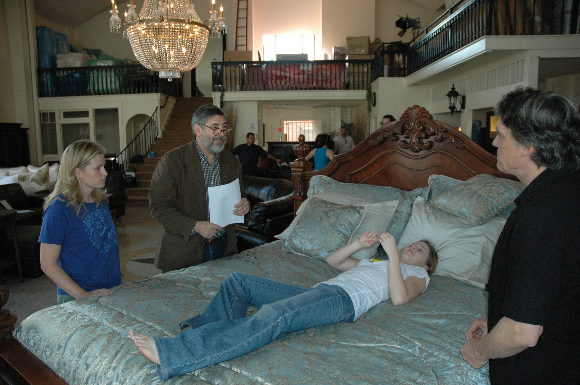 John Landis portraying a Dept. Store Manager rehearses his scene with director Malone and Cherilyn Wilson for PARASOMNIA.