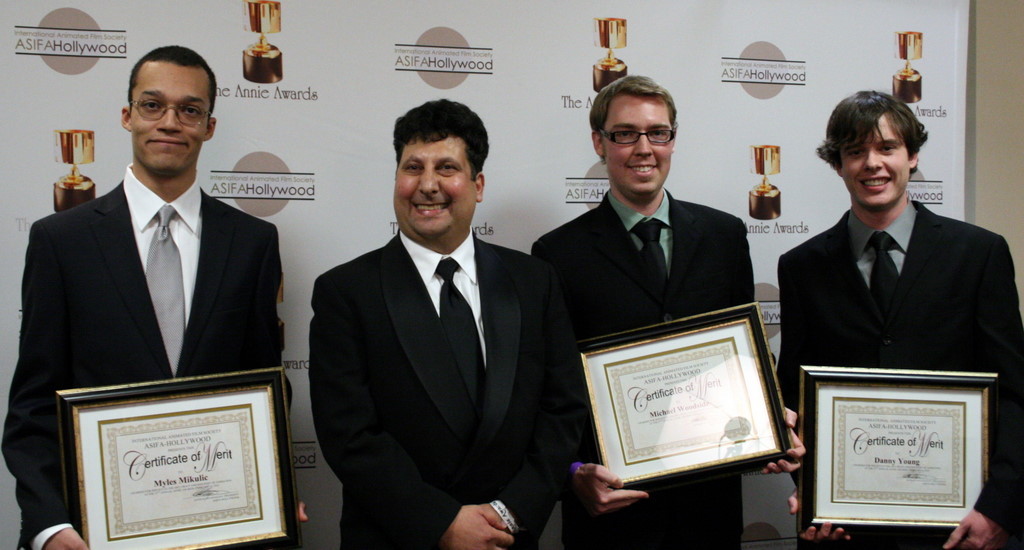 ASIFA-Hollywood president Antran Manoogian with Certificate of Merit recipients Myles Mikulic, Michael Woodside, and Danny Young