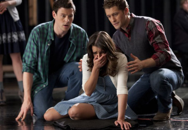 Still of Lea Michele, Matthew Morrison and Cory Monteith in Glee (2009)