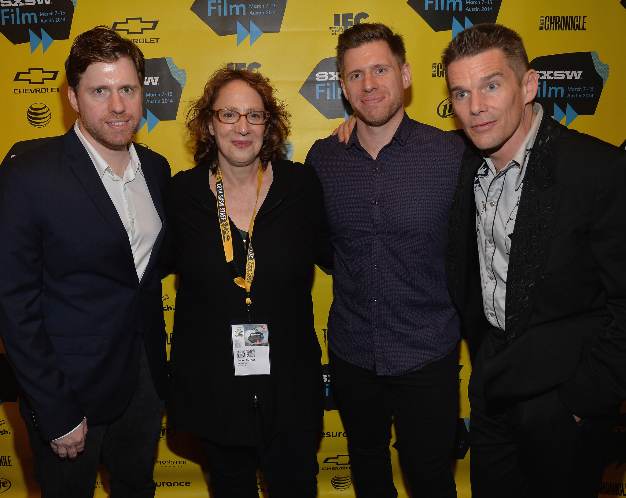 Ethan Hawke, Janet Pierson, Michael Spierig and Peter Spierig at event of Predestination (2014)