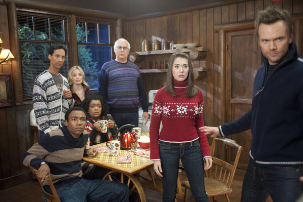 Still of Chevy Chase, Joel McHale, Yvette Nicole Brown, Alison Brie, Gillian Jacobs, Danny Pudi and Donald Glover in Community (2009)