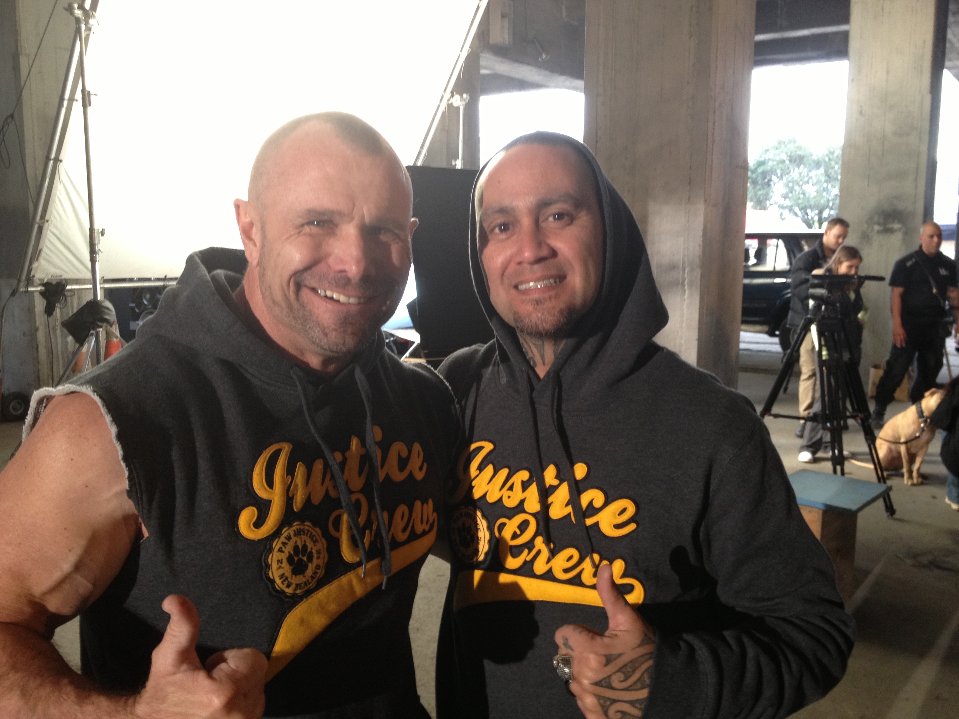With Tiki Taane on the set of the Paw Justice music video 'Enough is Enough'