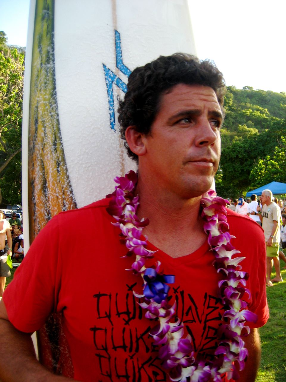 Peter Mel at Waimea Bay, Hawaii. Opening ceremony for The Quiksilver Eddie Aikau Big Wave Invitational.