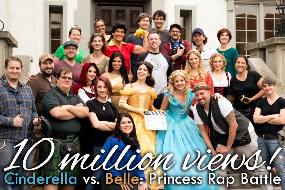 Whitney Avalon (as Belle) and Sarah Michelle Gellar (as Cinderella) with the cast and crew of the fourth Princess Rap Battle, which got 10 million views in its first month.