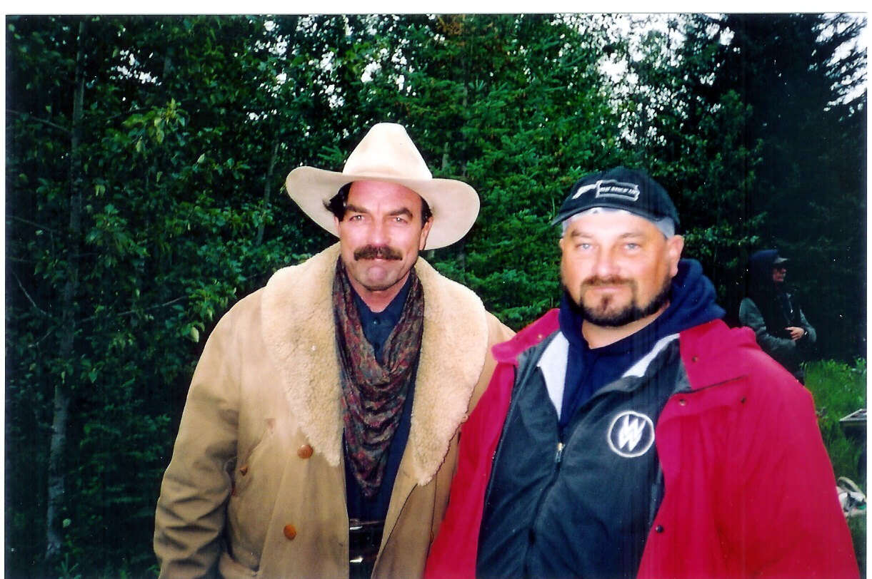 Grizz with Tom Selleck on a cold and rainy day on the set of 