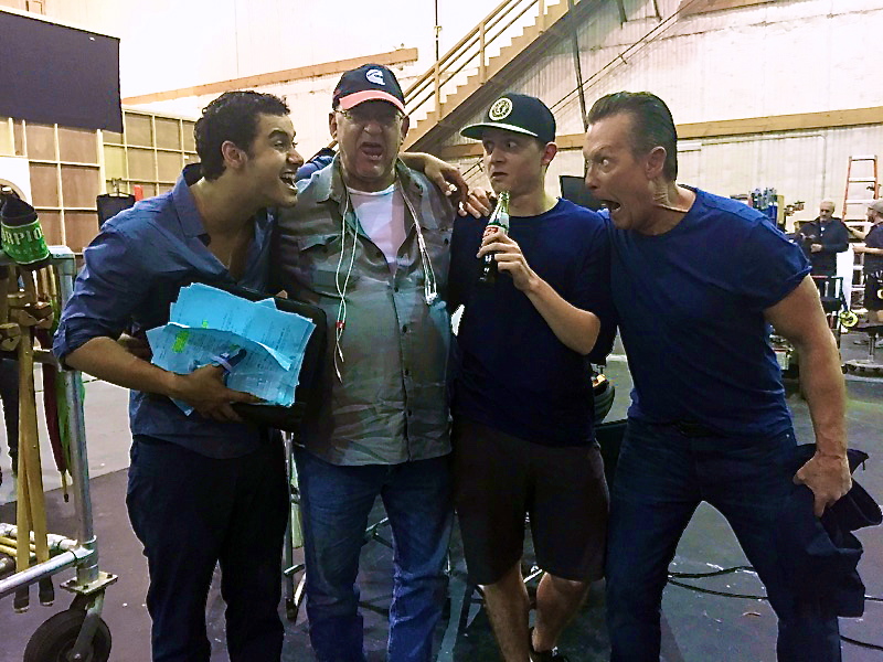 Elyes Gabel, Stephen Bridgewater, Beau Bridgewater, Robert Patrick on set of CBS Scorpion, 9-2015