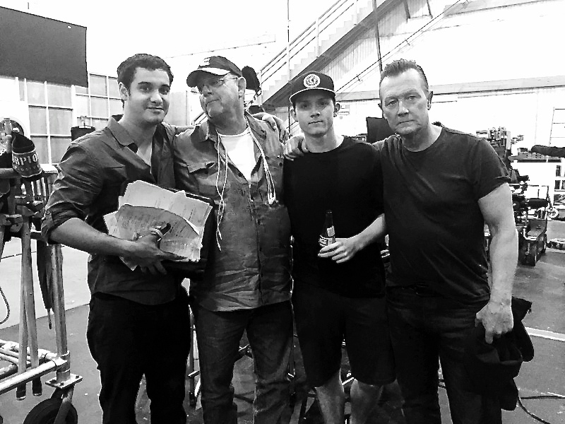 Elyes Gabel, Stephen Bridgewater, Beau Bridgewater, Robert Patrick on set of CBS Scorpion, 9-2015