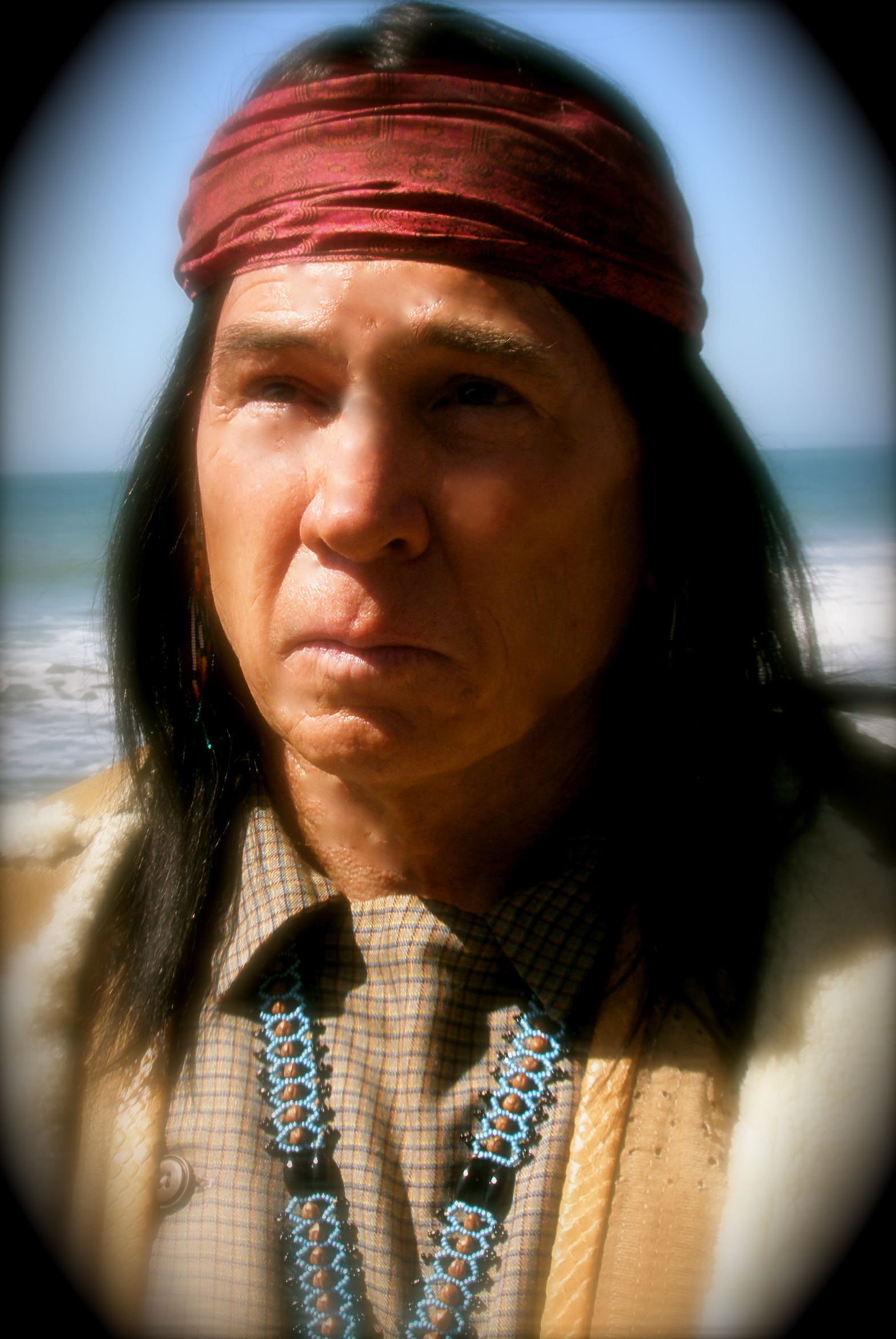 PLAYING 1860'S OHLONE NATIVE AMERICAN MERCHANT IN THE FILM SILENT ANNA, ON THE SET NEAR FORT POINT, SAN FRANCISCO