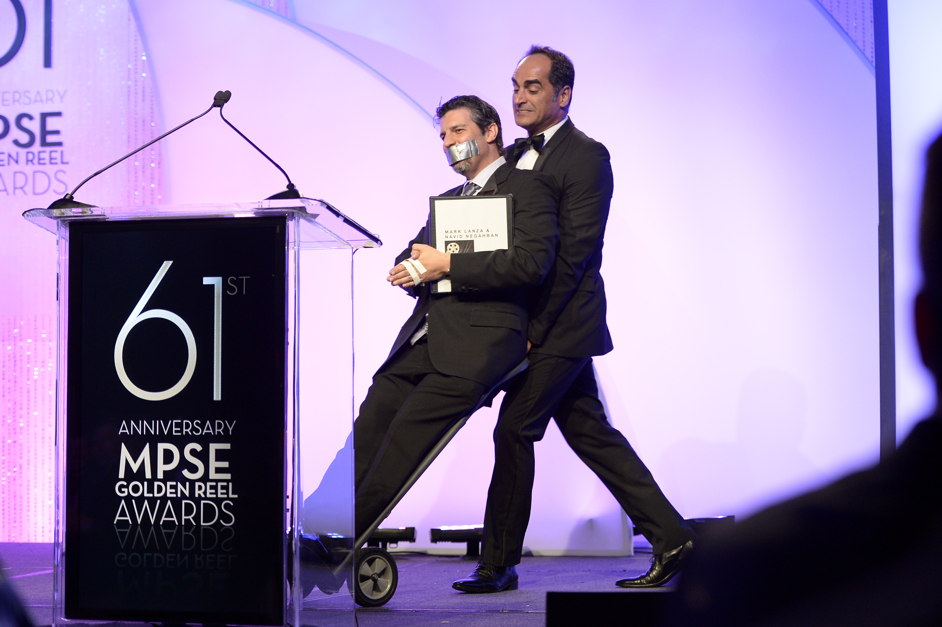 Navid Negahban (Homeland's infamous Abu Nazir) interrogates Mark Lanza at the 2013 Motion Picture Sound Editor Awards.