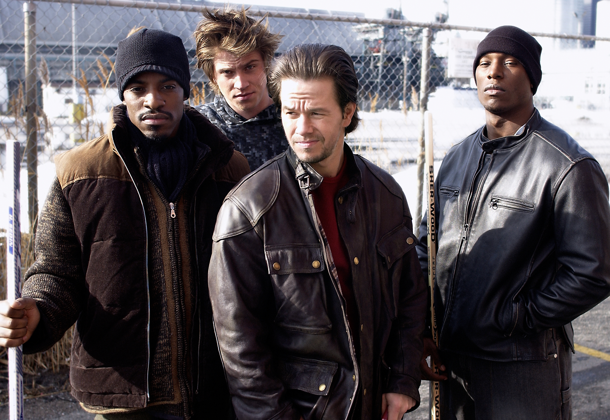 Still of Mark Wahlberg, André Benjamin, Tyrese Gibson and Garrett Hedlund in Four Brothers (2005)