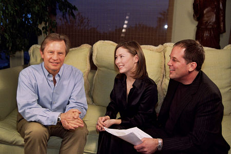 Michael York, host Agata Gotova and producer Kenneth Eade on set.