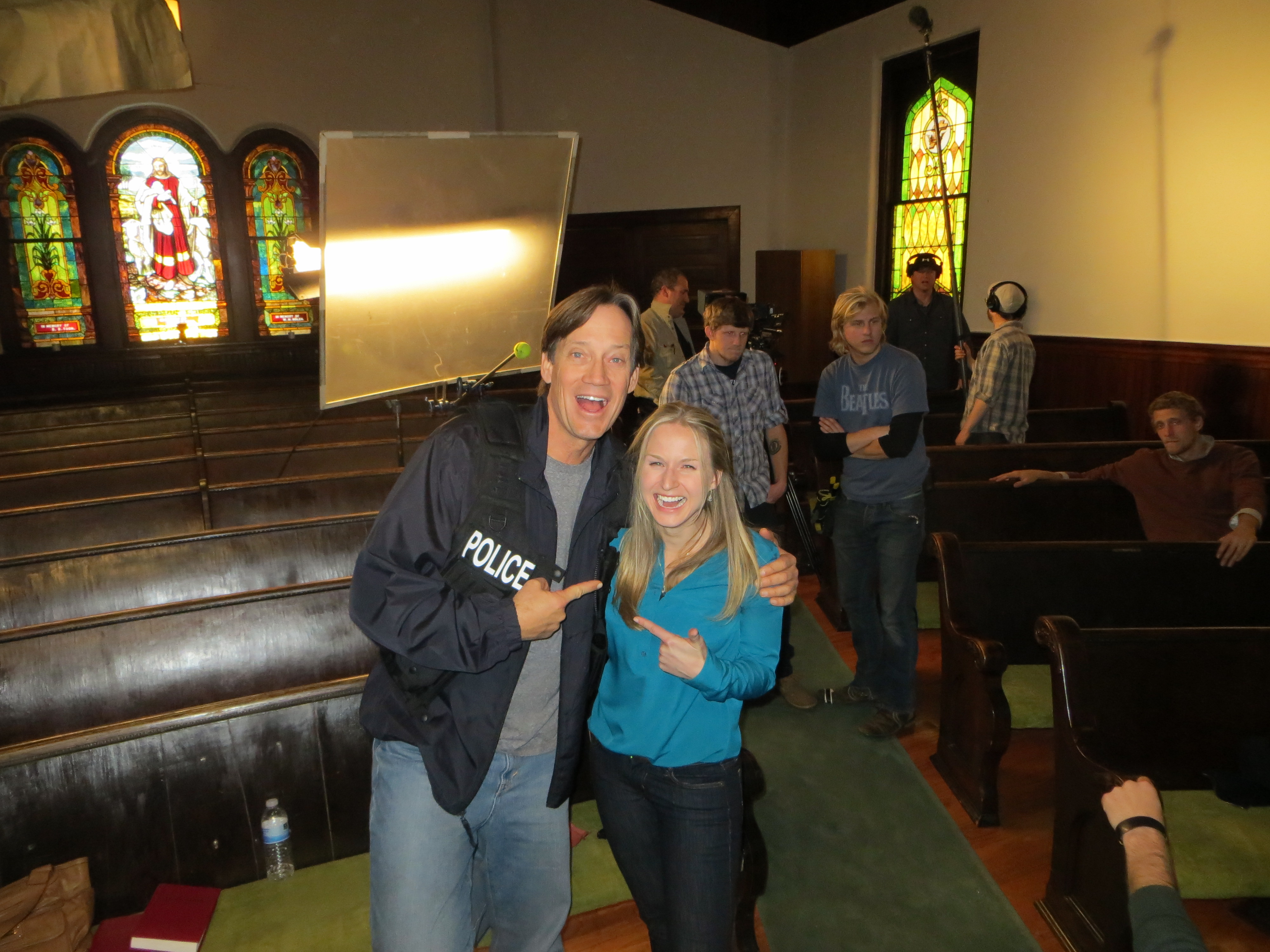 Production Still of Kevin Sorbo and Jenn Gotzon filming action movie Forgiven
