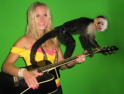 Doritos Crash the Superbowl green screen Jenn Gotzon as the Doritos rockstar with Ripley the Monkey