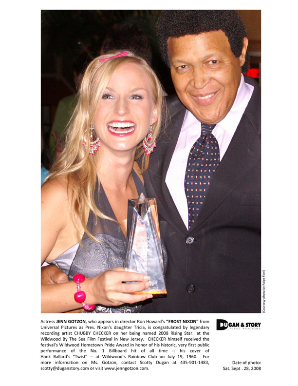 Jenn Gotzon named 2008 RISING STAR for film 'Chemistry' at Wildwood By The Sea Film Festival is congratulated by CHUBBY CHECKER. Festival director Russo described GOTZON as having the acting depth of Kate Winslet and the charisma of Reese Witherspoon.