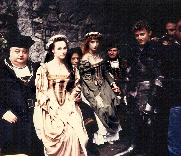 Bill & Ted's Excellent Adventure. Shot of the Royals in Orsini Castle. Diane Franklin, Kimberley Kates and Alex Winter.