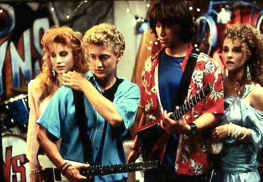Bill & Ted's Excellent Adventure - WYLD STALLIONS band scene. In this photo, Kimberley Kates, Alex Winter, Keanu Reeves, Diane Franklin.
