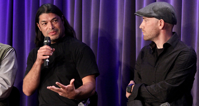 LOS ANGELES, CA - DECEMBER 08: Musician and Jaco producer Robert Trujillo and director Paul Marchand speak onstage at Reel To Reel: Jaco at The GRAMMY Museum on December 8, 2014 in Los Angeles, California.