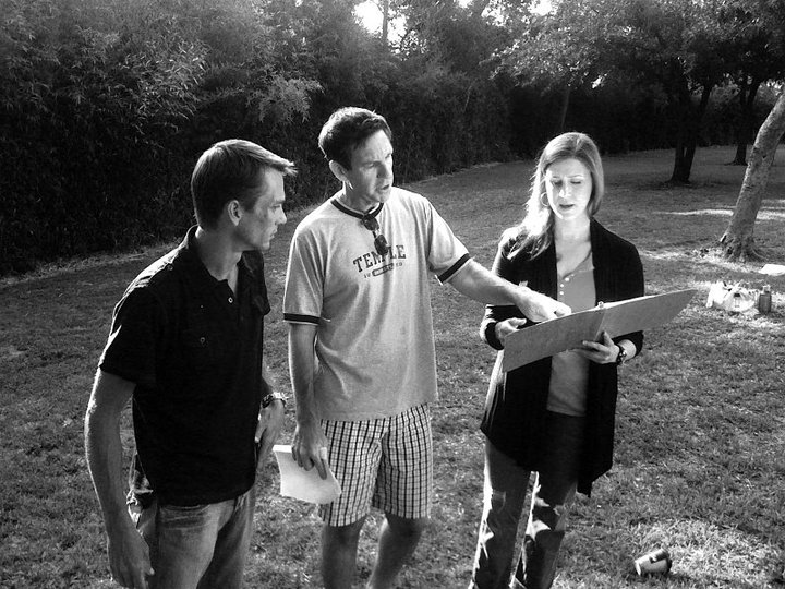 Director, Jay Gormley with actors, Charles Baker & Lydia Mackay on the set of 