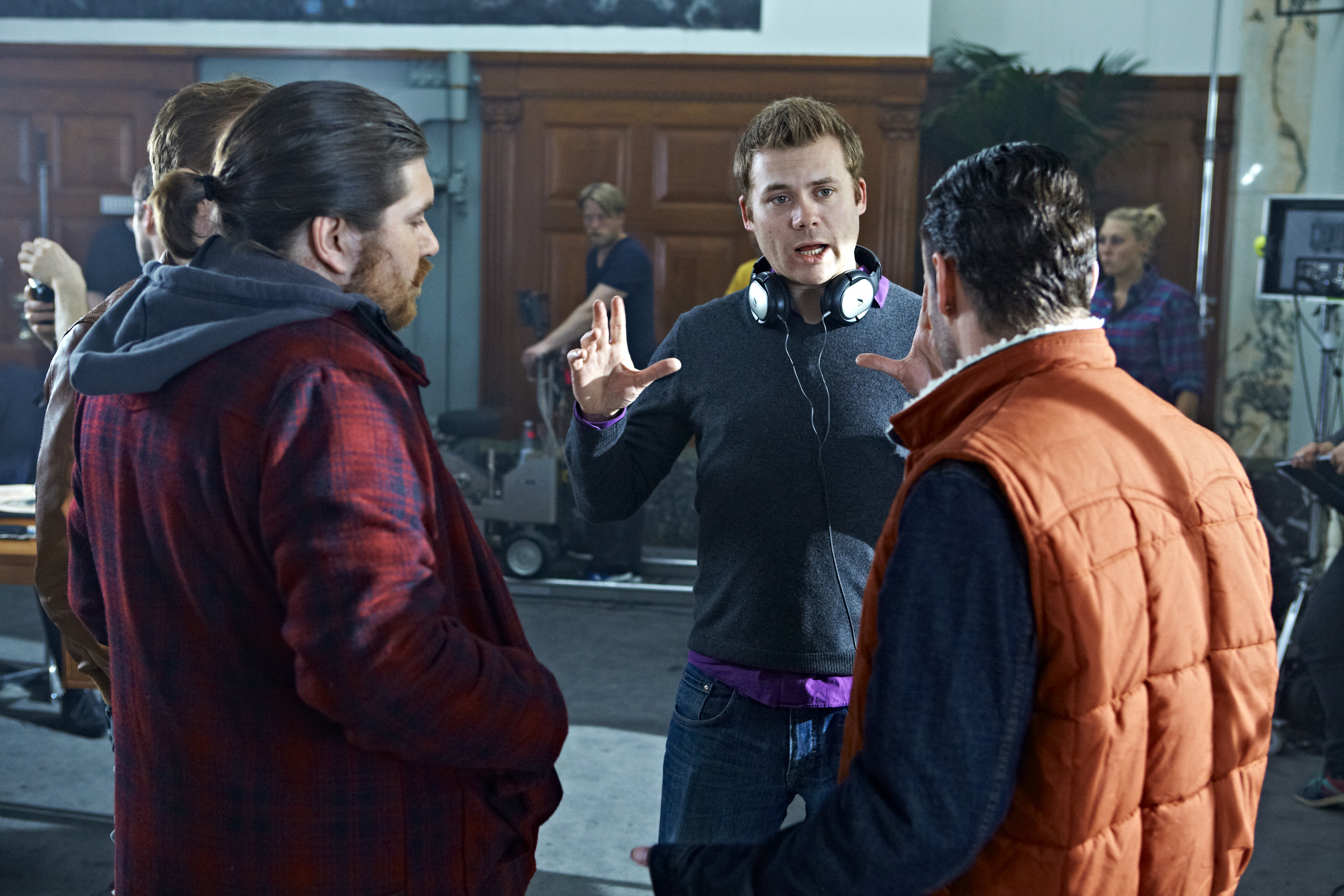 Rasmus Heide directing actors Jonatan Spang, Rasmus Bjerg and Mick Øgendahl on the set of 