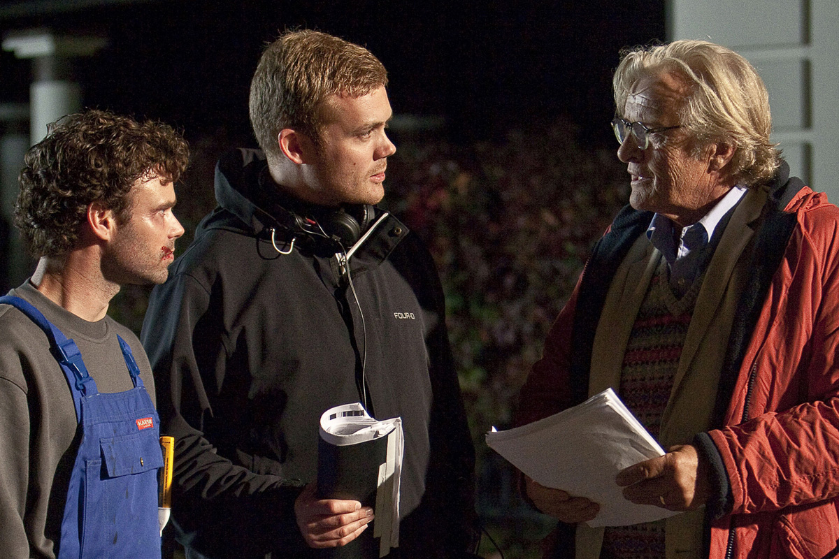 Director Rasmus Heide with actor Rutger Hauer and actor/screenwriter Mick Øgendahl on the set of 