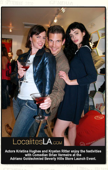 Actors Kristina Hughes and Krysten Ritter enjoy the festivities with Comedian Brian Vermeire at the Adriano Goldschmied Beverly Hills Launch Event.