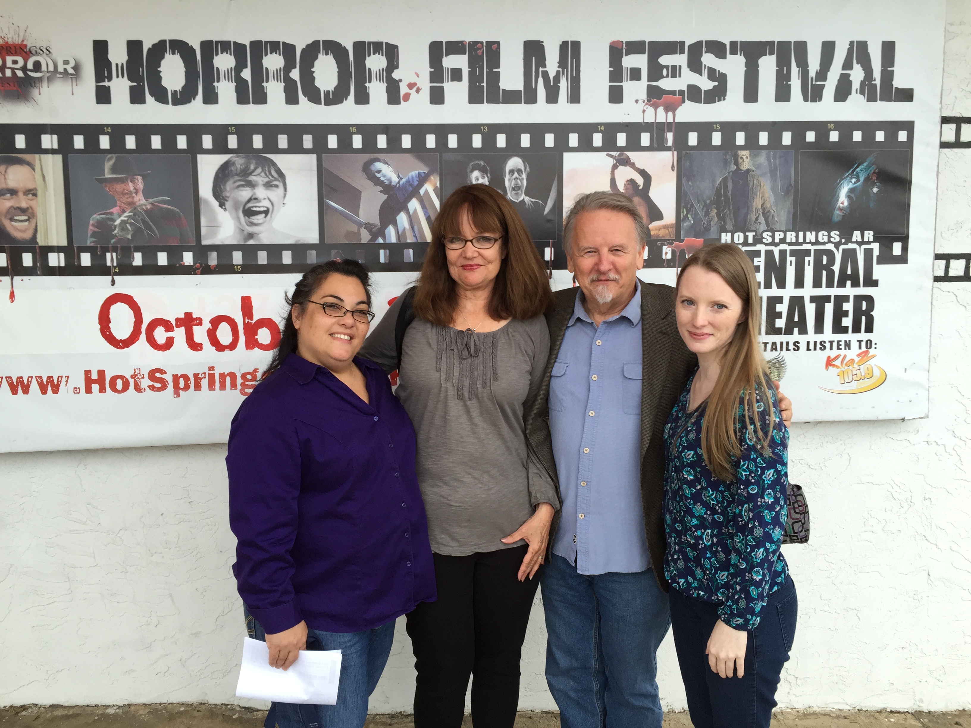 The premiere of our film, THE PHONE IN THE ATTIC, at the 2014 Hot Springs Horror Film Fest with (from L to R)cast member Diana Shepherd, Executive Producer Carol Long, Director Jim Long and cast member Victoria Fox.
