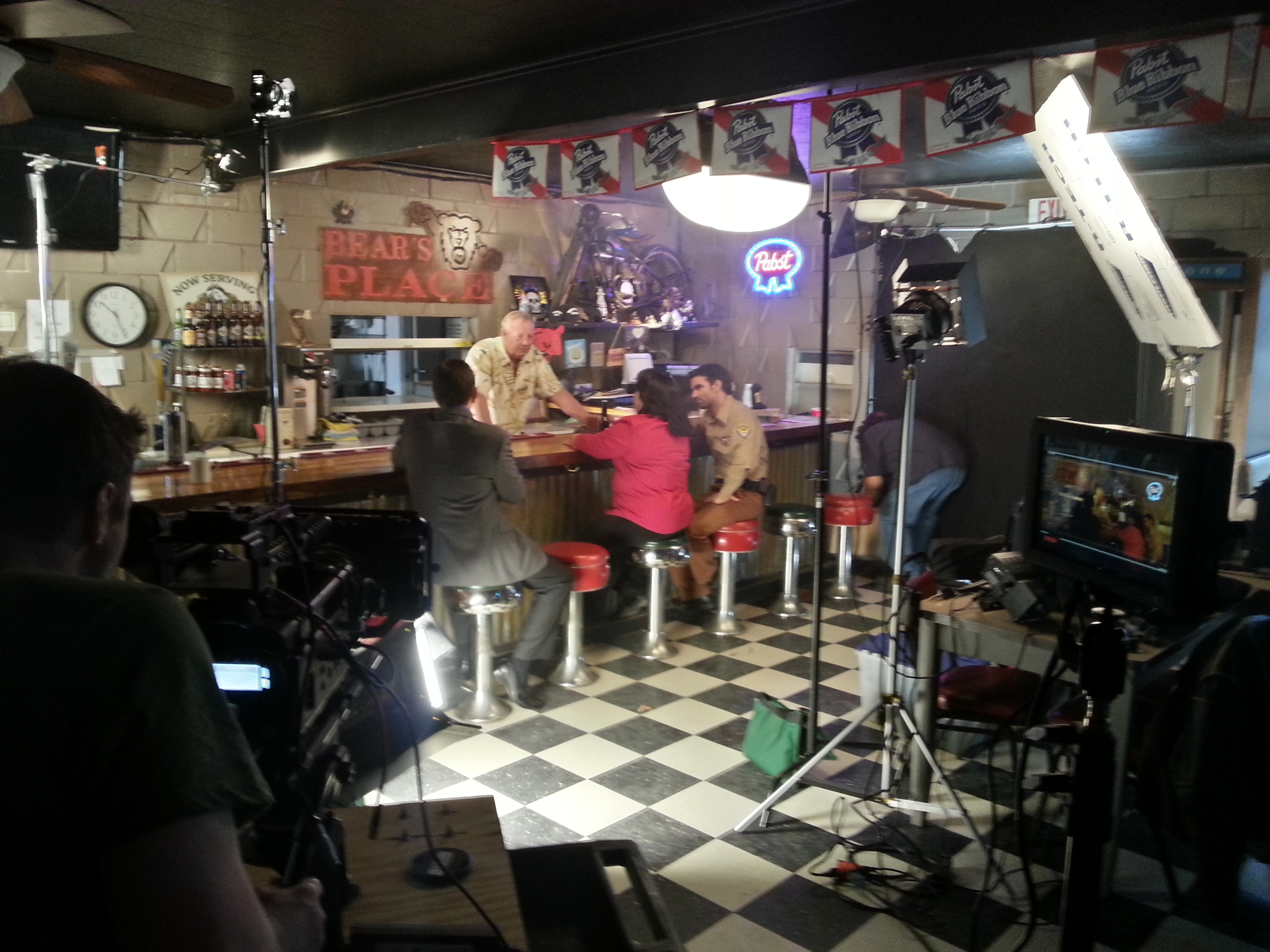 Shooting on-location at Bear's Place in Fayetteville, Arkansas, for THE PHONE IN THE ATTIC.