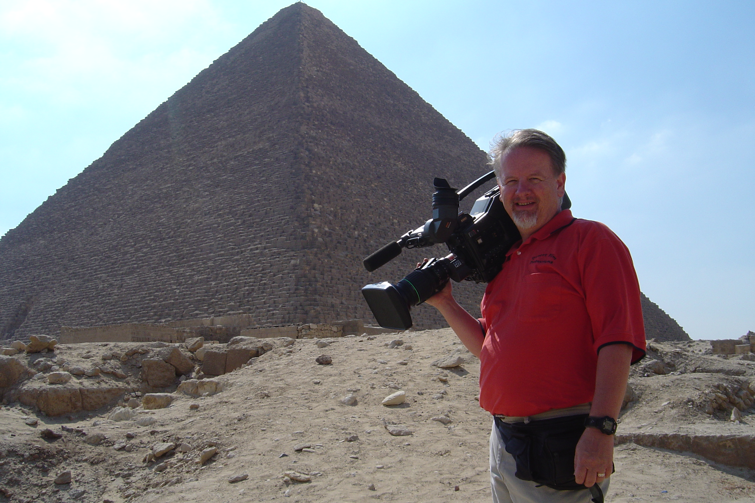 On location at the Giza Plateau outside of Cairo, Egypt, for RIDDLE OF THE EXODUS