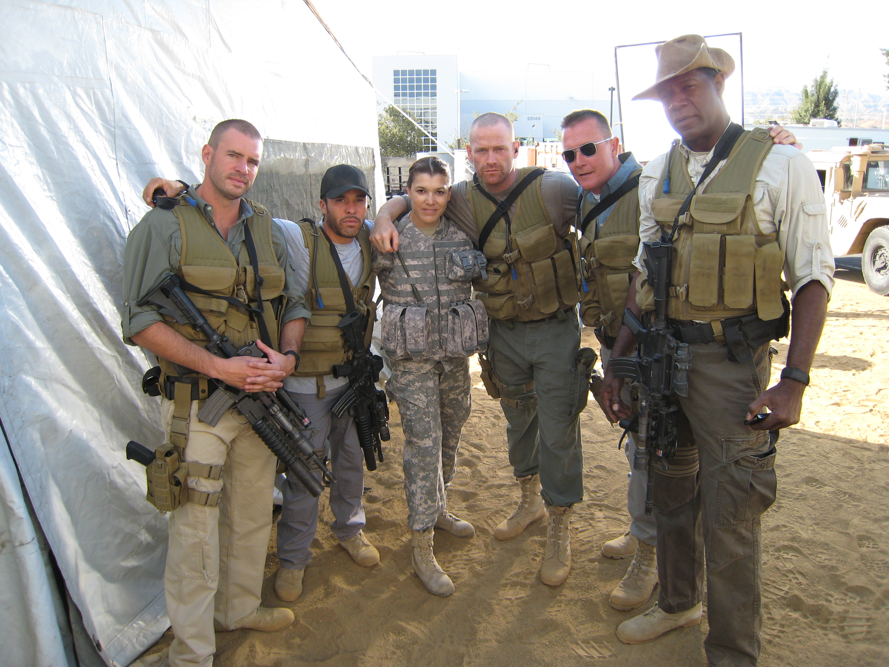 (Left to Right) Scott Foley, Michael Irby, Racheal Seymour, Max Martini, Robert Patrick and Dennis Hasysbert shooting episode 